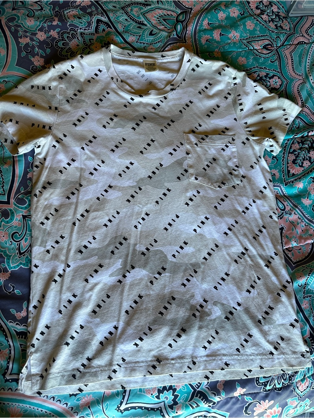 PINK Victoria's Secret White Tee with All-Over Black Logo